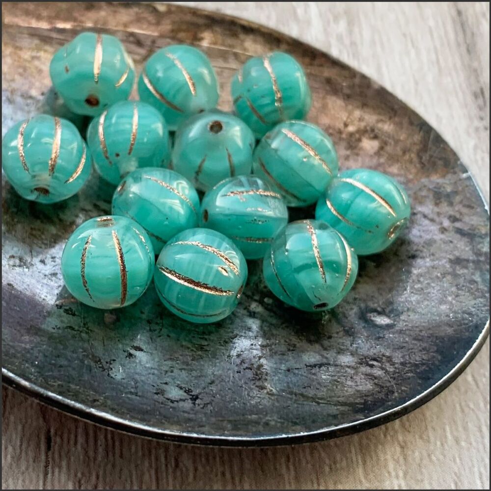 8mm Czech Glass Melon Beads Blue Opal Mix