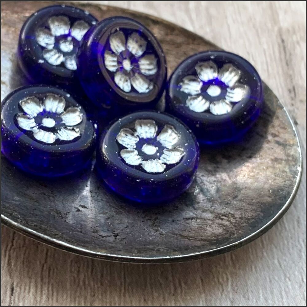 Czech Glass  Flower Coin Beads 16mm Blue and Silver