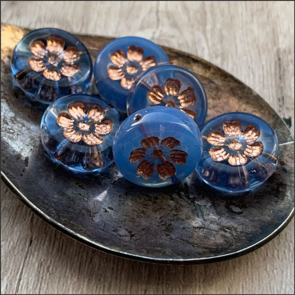 Czech Glass  Flower Coin Beads 16mm Blue Mix. PK 4
