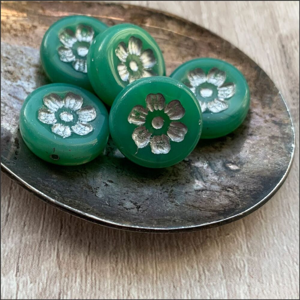 Czech Glass  Flower Coin Beads 16mm, Green & Silver