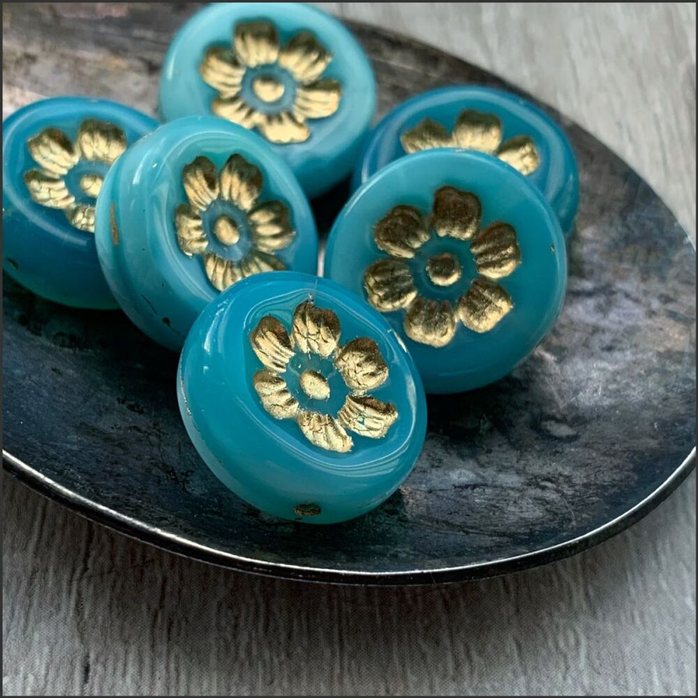 Czech Glass  Flower Coin Beads 16mm, Light Blue Mix