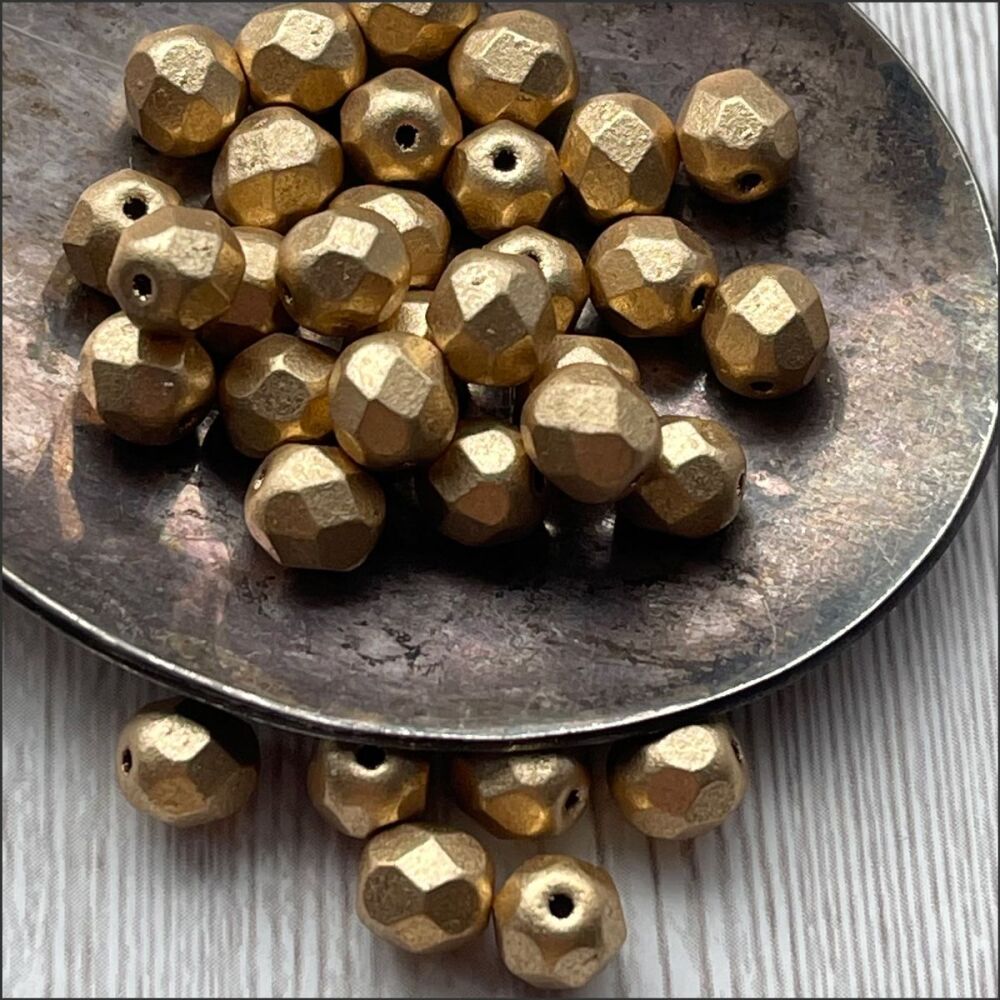 Czech Glass Faceted Fire Polished Beads 6mm Matte Gold