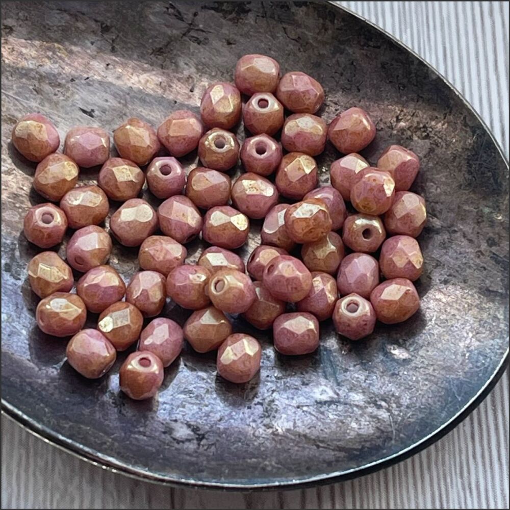 Czech Glass Faceted Fire Polished Beads 4mm Rose Gold Pink