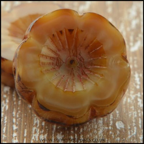 Czech Glass Table Cut Picasso Flower Beads - Toffee