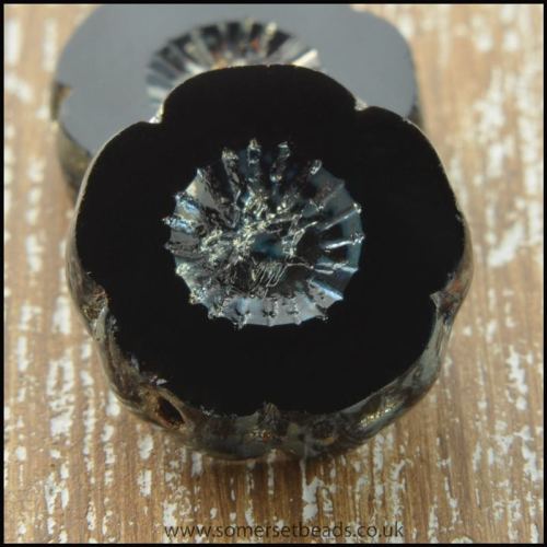 Czech Glass Table Cut Picasso Flower Beads - Black