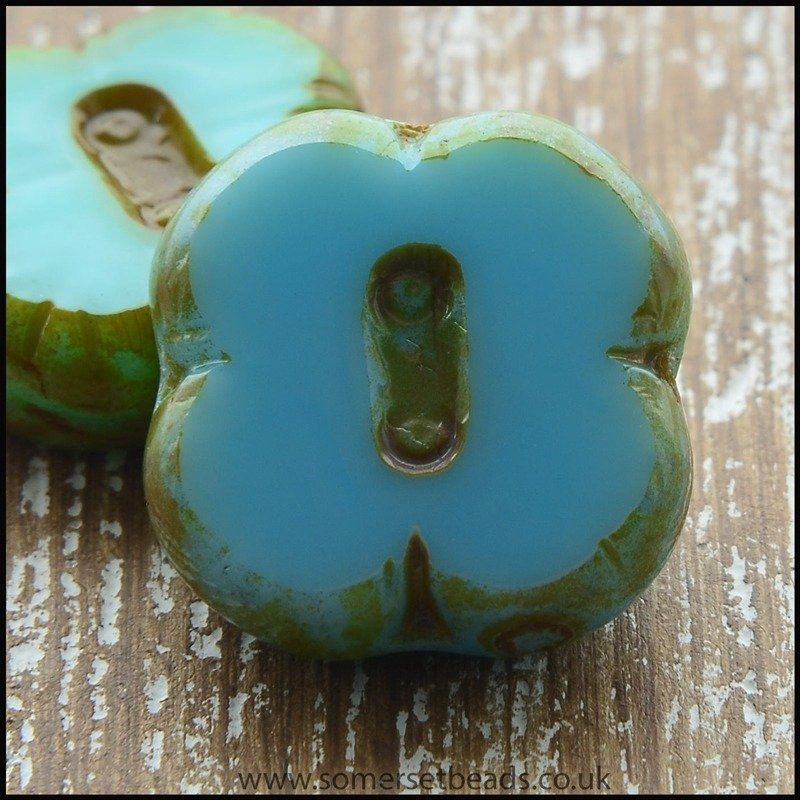 Czech Glass Picasso Table Cut 4 Petal Flower Beads - Turquoise Mix
