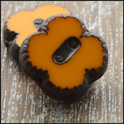 Czech Glass Picasso Table Cut 4 Petal Flower Beads - Pumpkin
