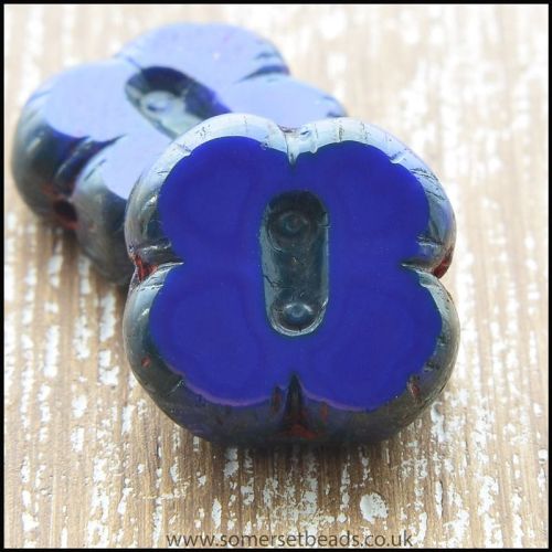 Czech Glass Picasso Table Cut 4 Petal Flower Beads - Dark Denim Blue