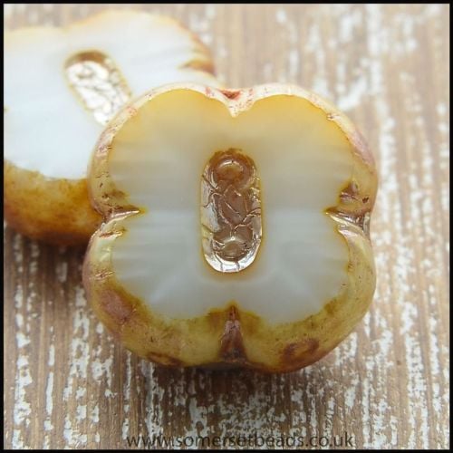 Czech Glass Picasso Table Cut 4 Petal Flower Beads - Ivory