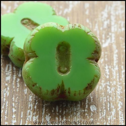 Czech Glass Table Cut Picasso 4 Petal Flower Beads - Apple Green