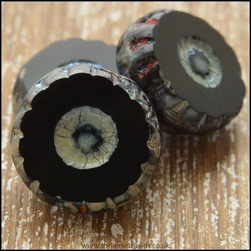 Czech Glass Picasso Table Cut Flower Beads - Black 12mm