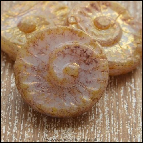 Czech Glass Picasso Fossil Luster Beads - Gold and Pink 17mm