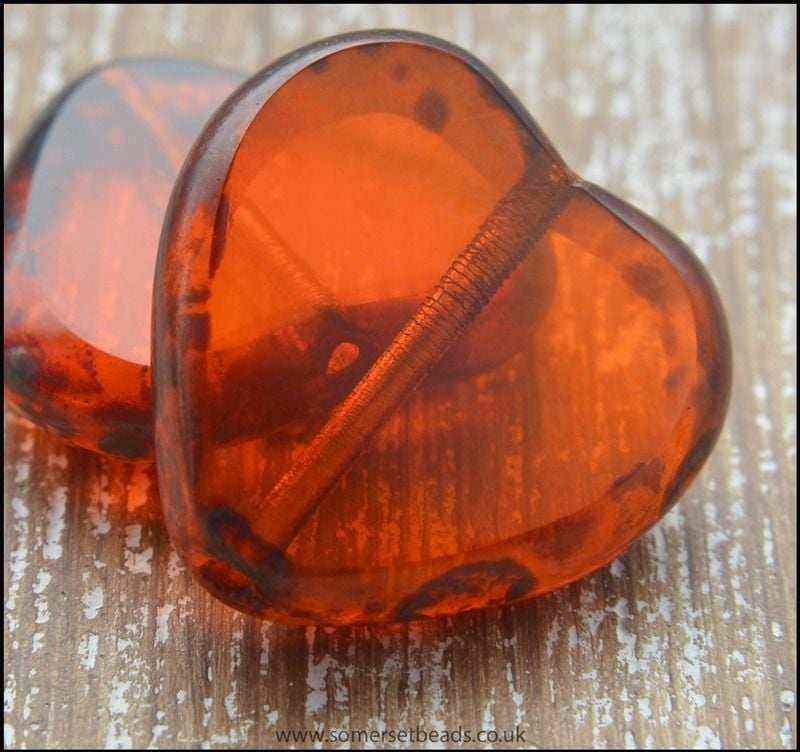 Czech Glass Picasso Table Cut Heart Beads Transparent Orange