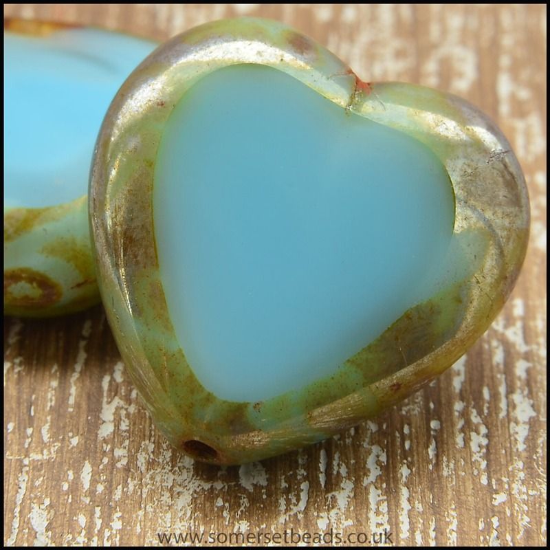 Czech Glass Picasso Table Cut Heart Beads Light Blue