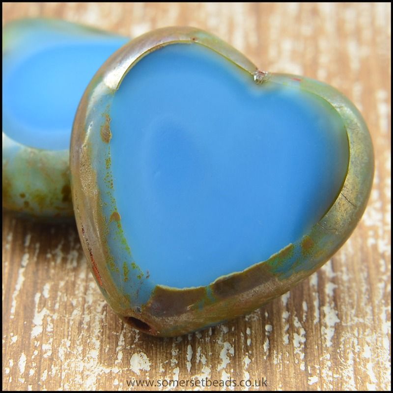 Czech Glass Picasso Table Cut Heart Beads Sky Blue