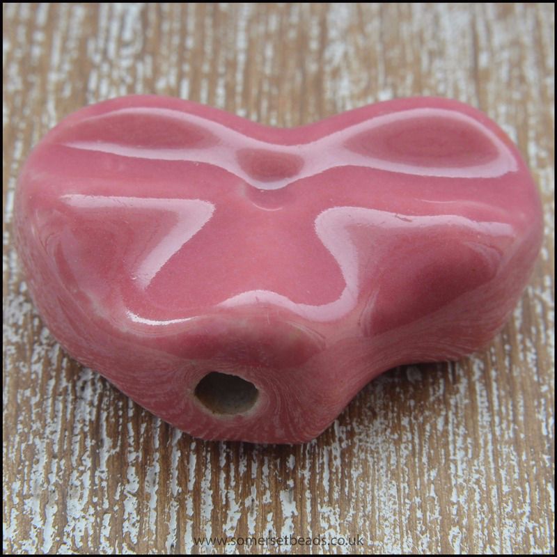 30mm Pink Glazed Ceramic Fluted Heart Focal Bead