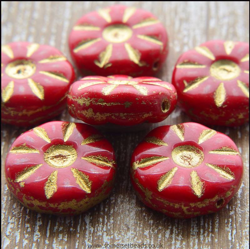 12mm red and gold flat round czech glass beads