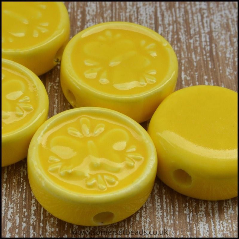 17mm Yellow Glazed Ceramic Flat Round Butterfly Disc Beads