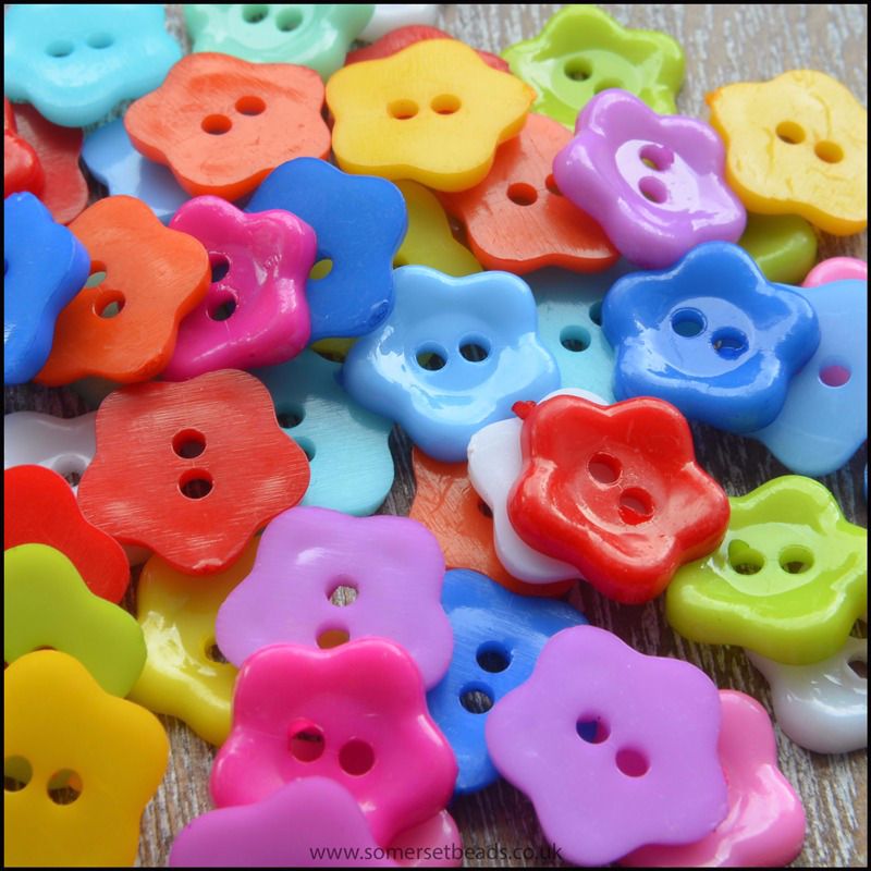 11mm Resin Flower Shaped Buttons, Mixed Colours