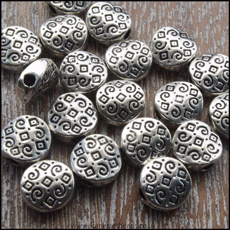 Antique Silver Flat Round patterned Spacer Beads