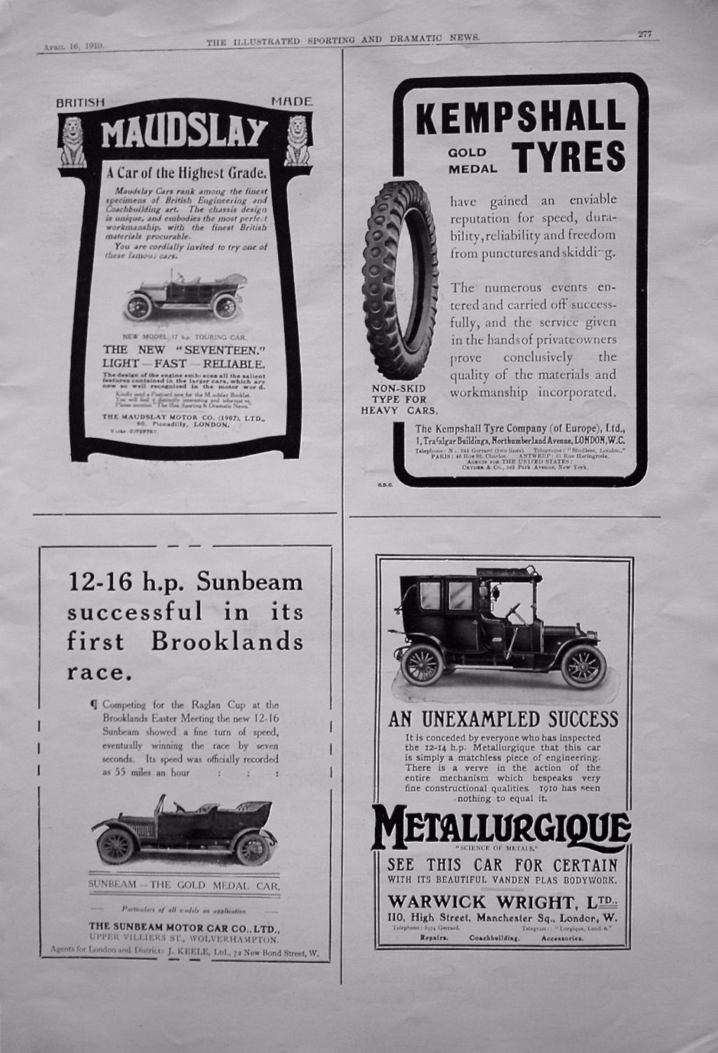 Motoring Adverts. April 16th 1910.