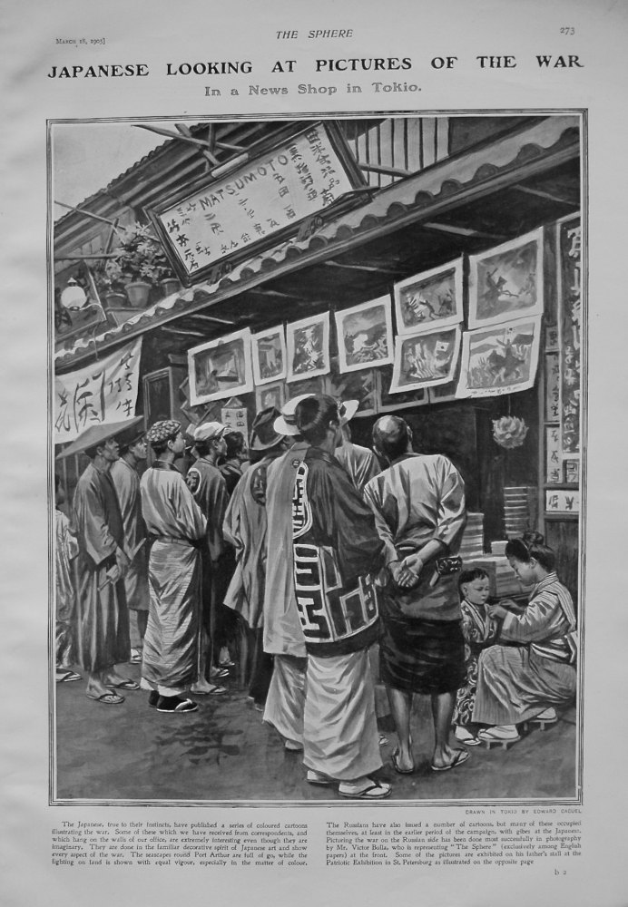 Japanese looking at Pictures of the War in a News Shop in Tokio.  1905.