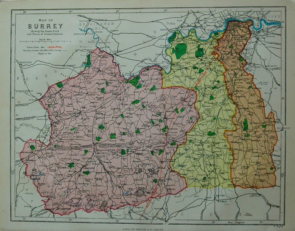 Map of Surrey showing the Roman Road and Places of Interest. 1878c.
