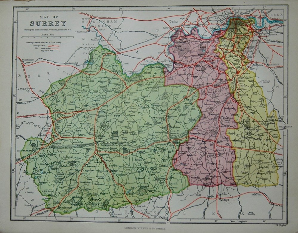 Map of Surrey, showing the Parliamentary Divisions, Railroads & c.