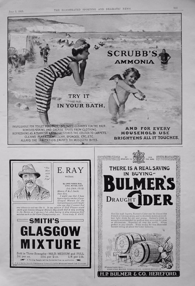 Scrubb's Ammonia, Smith's Glasgow Mixture Tobacco, and Bulmer's Cider. 1913.