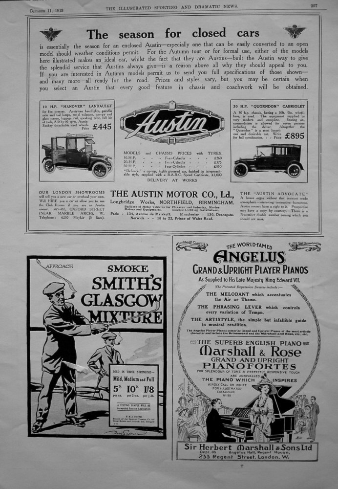 Austin Motor Co. Smith's Glasgow Mixture (Tobacco). Marshall & Rose Pianos. 1913.