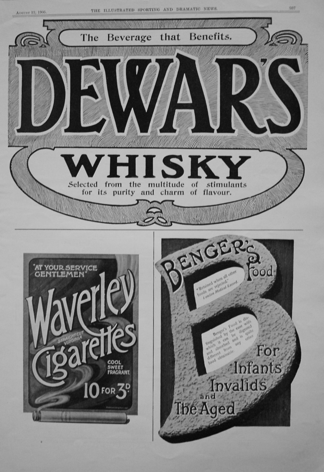 Dewar's Whisky. Waverley Cigarettes. Banger's Food. 1905.