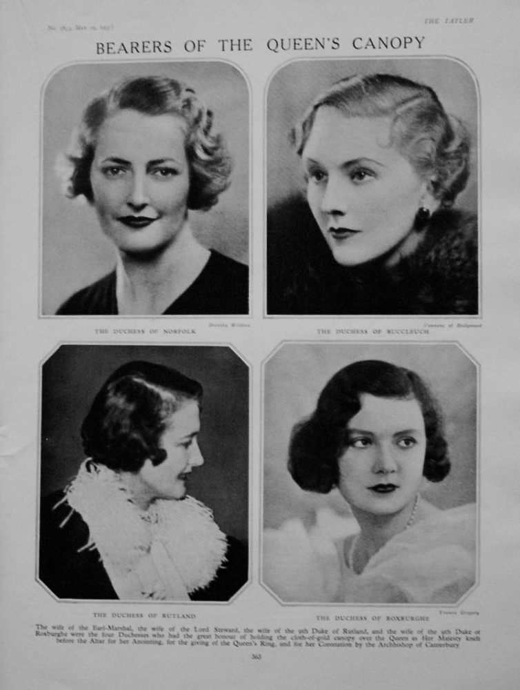 The Duchess of Norfolk, Duchess of Buccleuch, Duchess of Rutland, and the Duchess of Roxburgh. 1937.