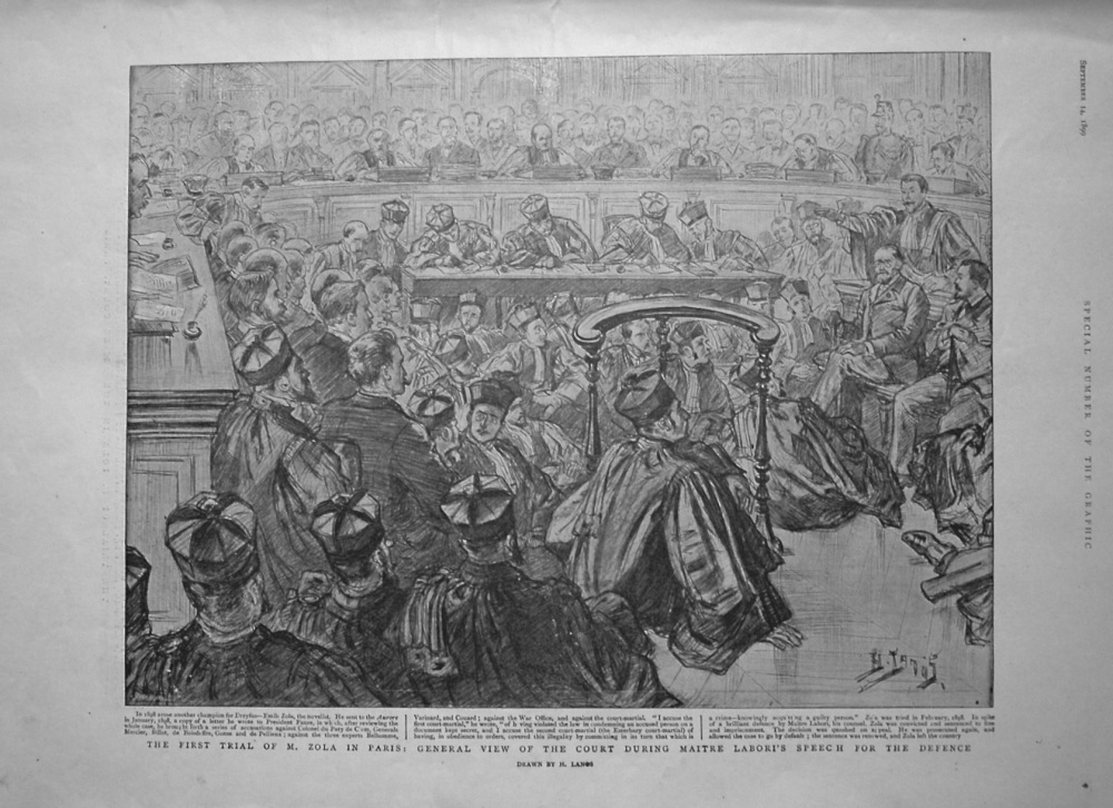 First Trial of M. Zola in Paris : General View of the Court during Maitre Labori's Speech for the Defence.