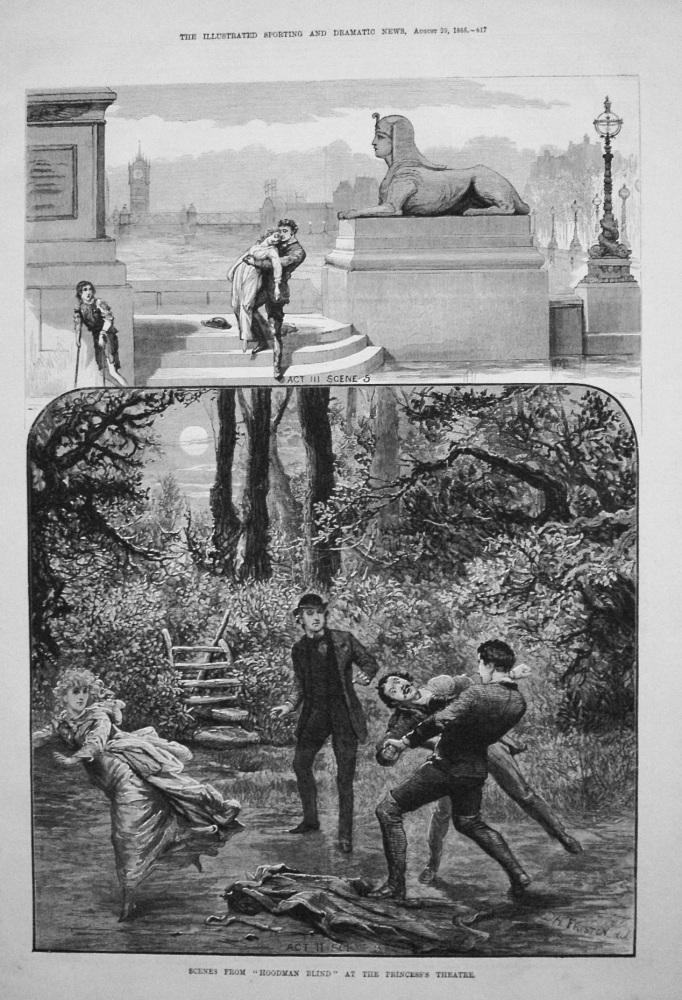 Scenes from "Hoodman Blind" at the Princess's Theatre. 1885