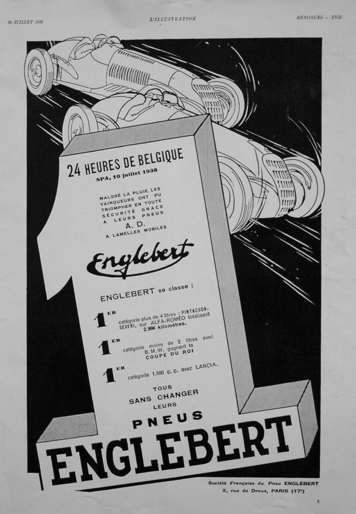 Pneus Englebert. (Tyres) 1938.