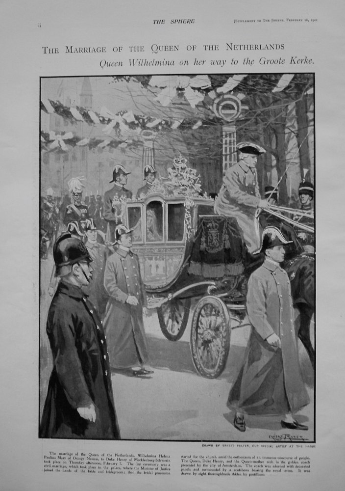 Marriage of the Queen of the Netherlands. Queen Wilhelmina on her way to the Groote Kerke. 1901