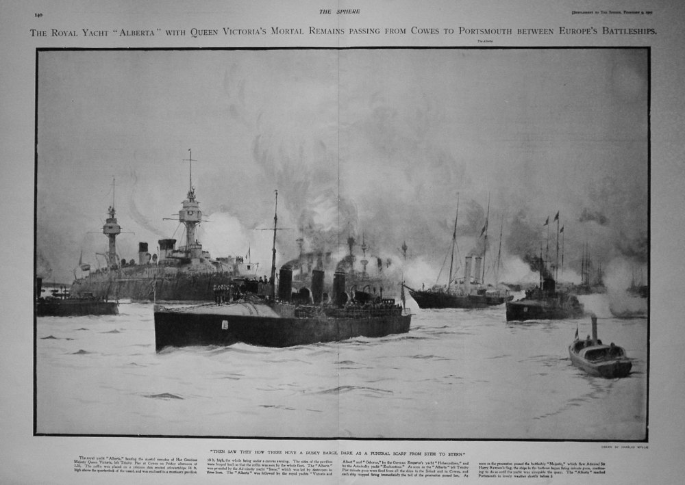 Royal Yacht "Alberta" with Queen Victoria's Mortal Remains Passing from Cowes to Portsmouth between Europe's Battleships. 1901