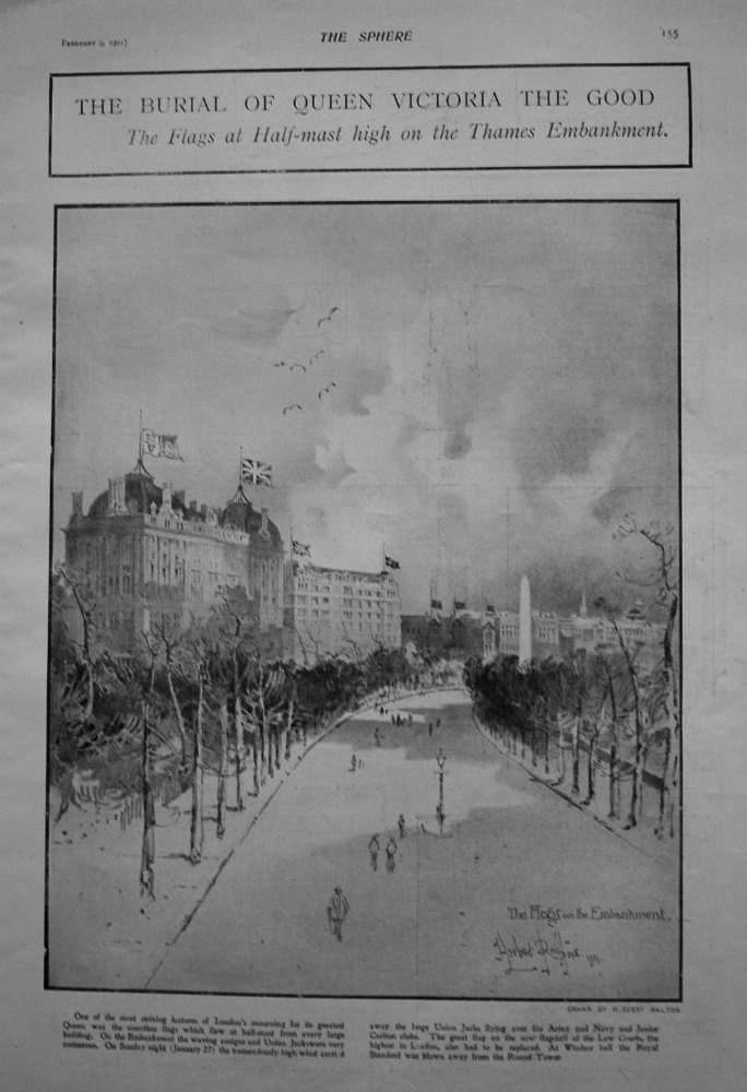 Burial of Queen Victoria The Good : Flags at Half-mast high on the Thames Embankment. 1901