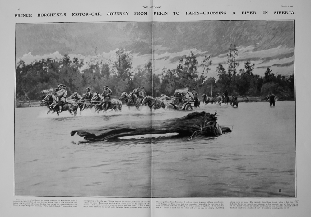 Prince Borghese's Motor-Car Journey From Pekin To Paris - Crossing a River in Siberia. 1907