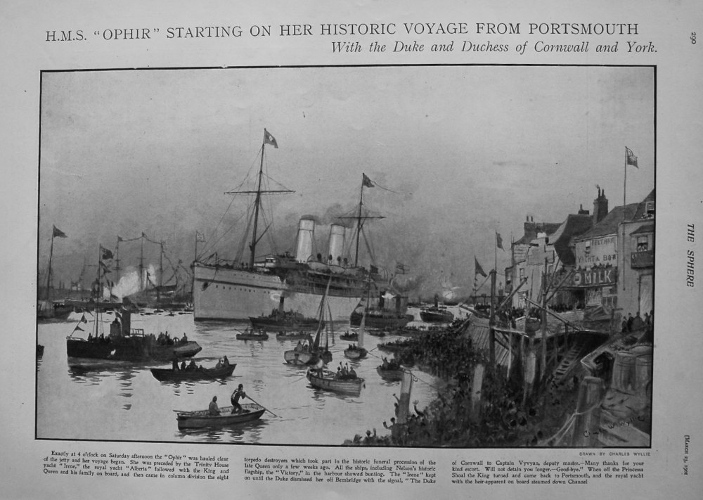 H.M.S. "Ophir" Starting on her Historic Voyage from Portsmouth : With the Duke and Duchess of Cornwall and York. 1901.
