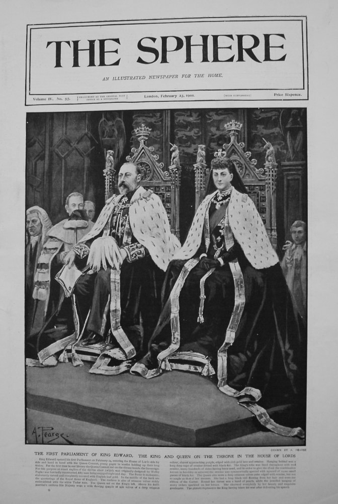 First Parliament of King Edward. The King and Queen on the Throne in the House of Lords. 1901