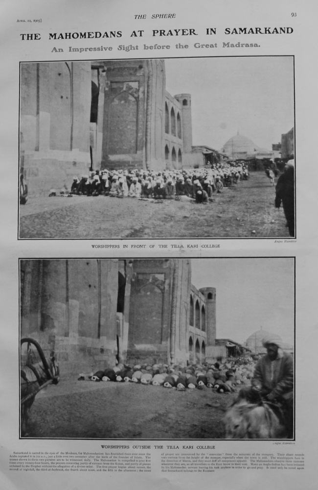 Mahomedans at Prayer in Samarkand : An impressive Sight before the Great Madrasa. 1905