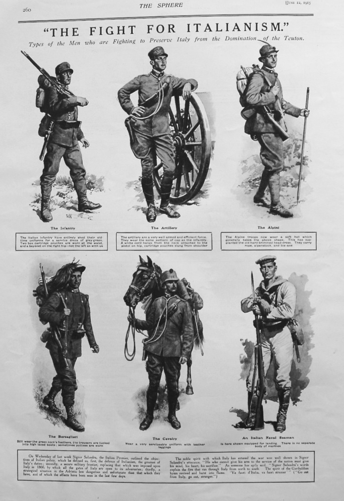 "The Fight For Italianism." Types of Men who are Fighting to Preserve Italy from the Domination of the Teuton. 1915