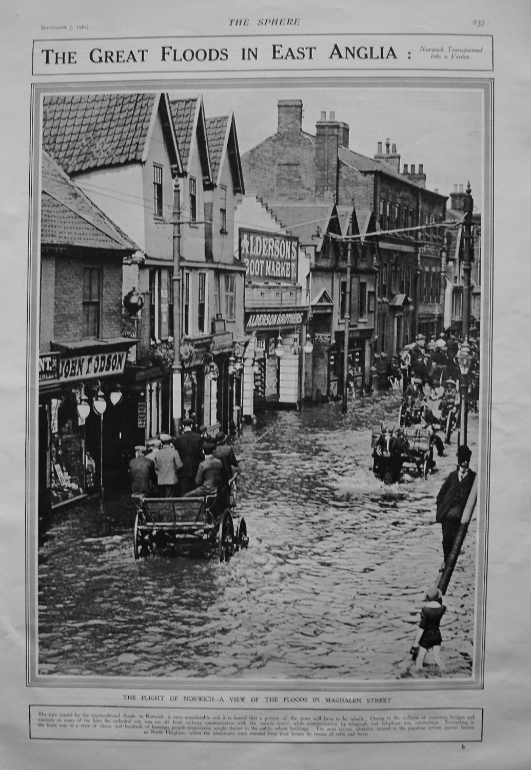 Great Floods in East Anglia : Norwich Transformed into a Venice. 1912.