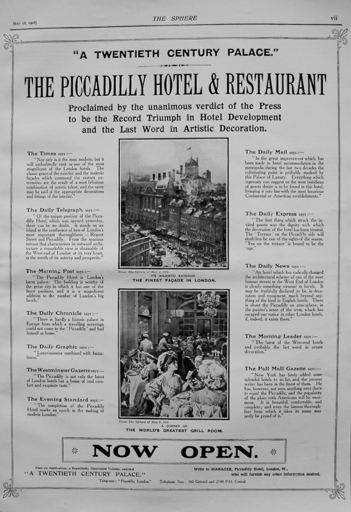 The Piccadilly Hotel & Restaurant. 1908