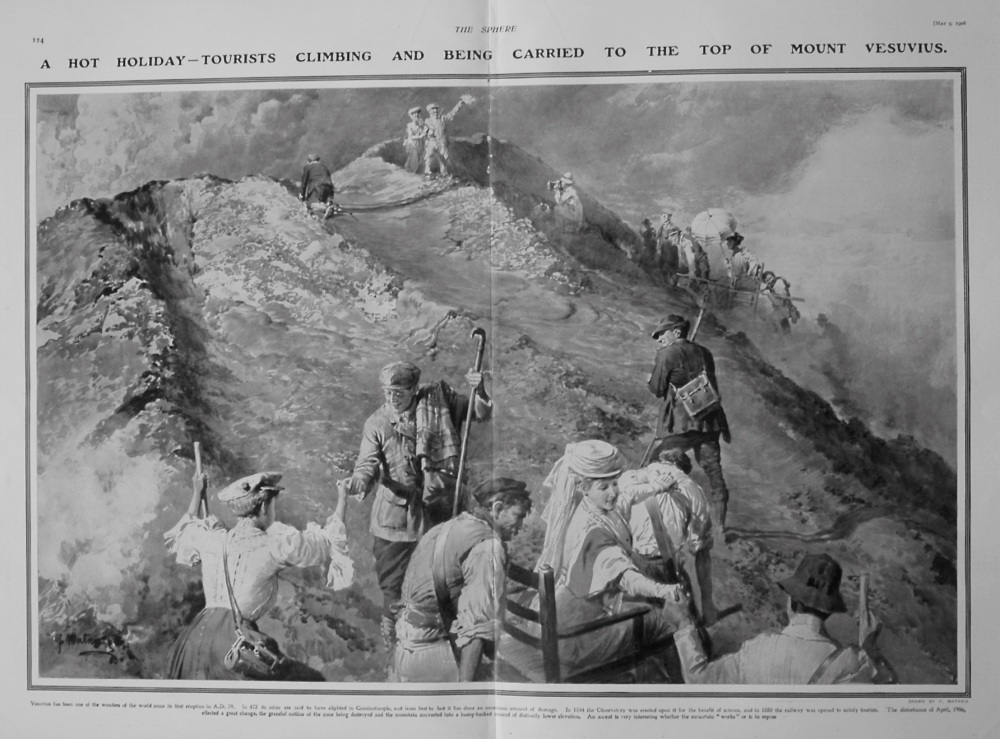 A Hot Holiday - Tourists Climbing and Being Carried to the Top of Mount Vesuvius. 1908