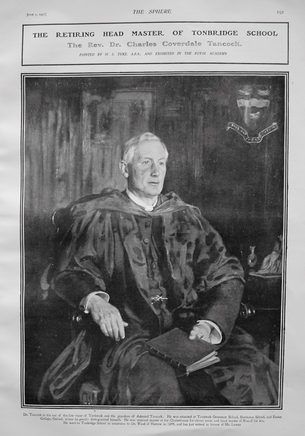 The Retiring Head Master of Tonbridge School : The Rev. Dr. Charles Coverda