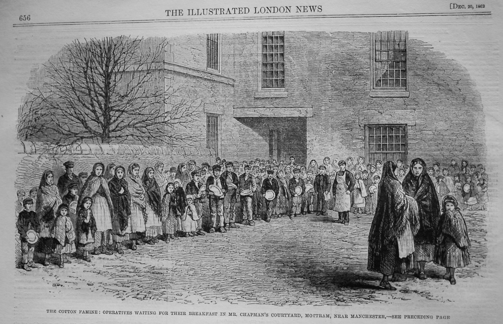 The Cotton Famine : Operatives Waiting for their Breakfast in Mr. Chapman's Courtyard, Mottram, near Manchester. 1862