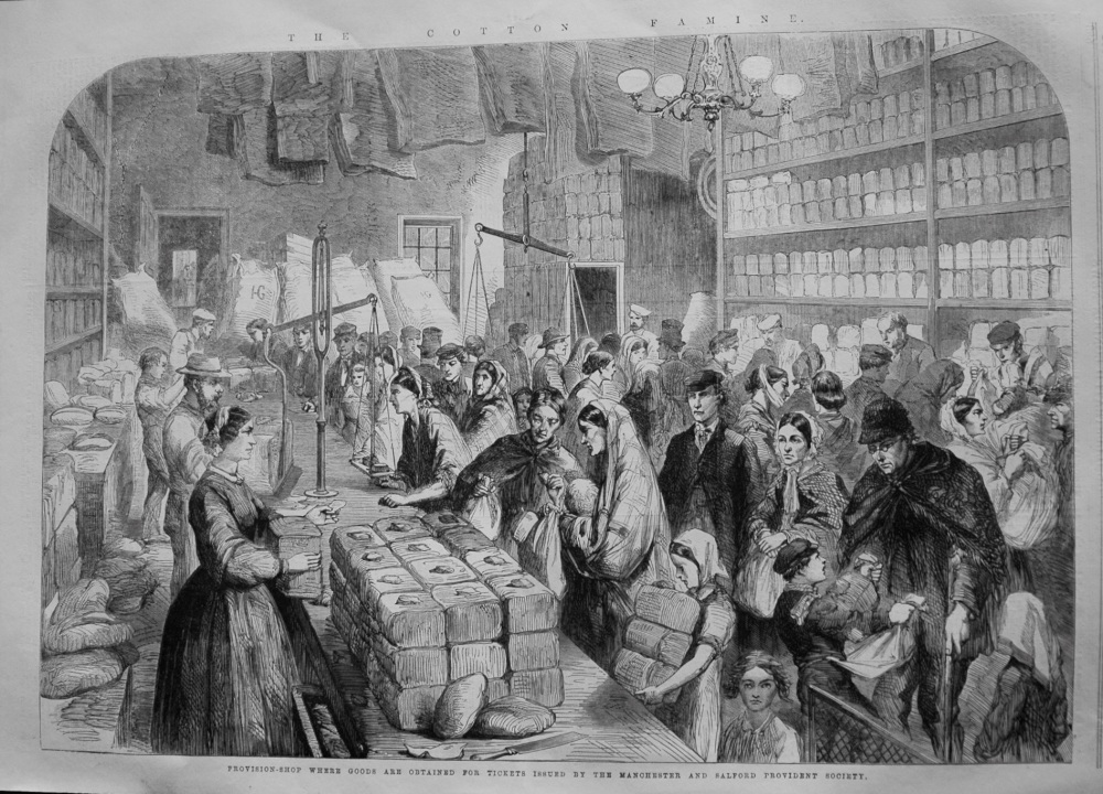 The Cotton Famine : Provision-Shop where Goods are Obtained for Tickets Issued by the Manchester and Salford Provident Society. 1862
