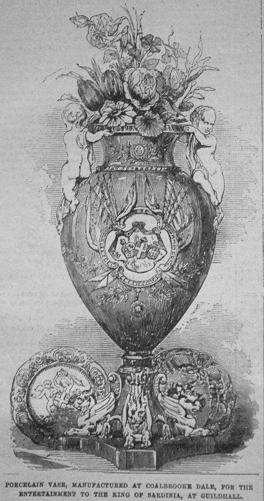 Porcelain Vase, Manufactured at Coalbrooke Dale, for the Entertainment to the King of Sardinia, at Guildhall. 1855
